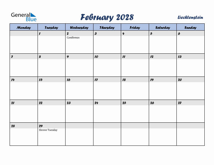 February 2028 Calendar with Holidays in Liechtenstein