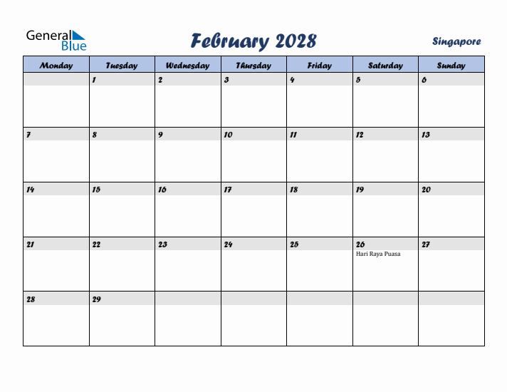 February 2028 Calendar with Holidays in Singapore