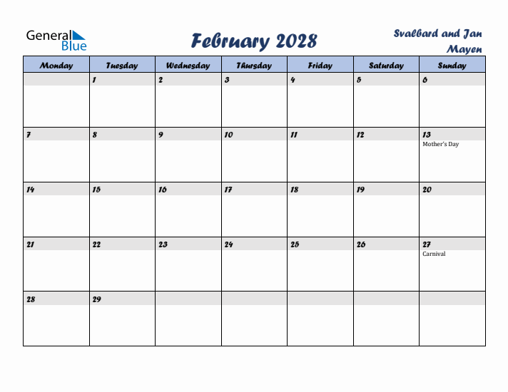 February 2028 Calendar with Holidays in Svalbard and Jan Mayen