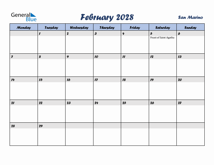 February 2028 Calendar with Holidays in San Marino