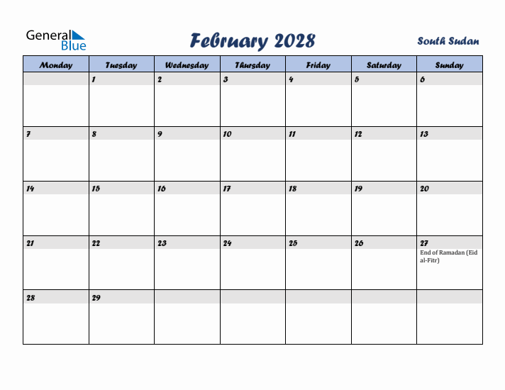 February 2028 Calendar with Holidays in South Sudan