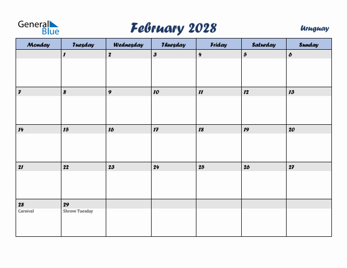 February 2028 Calendar with Holidays in Uruguay