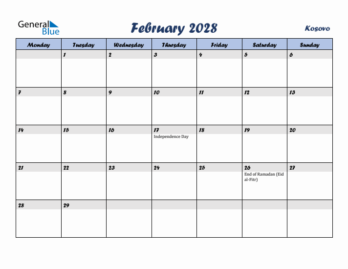 February 2028 Calendar with Holidays in Kosovo