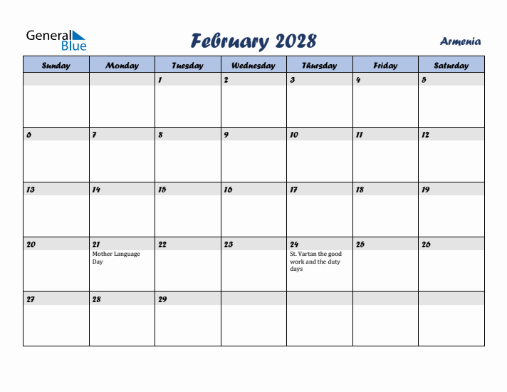 February 2028 Calendar with Holidays in Armenia