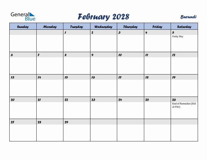 February 2028 Calendar with Holidays in Burundi