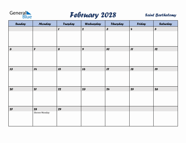 February 2028 Calendar with Holidays in Saint Barthelemy