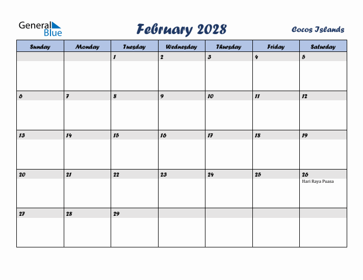 February 2028 Calendar with Holidays in Cocos Islands