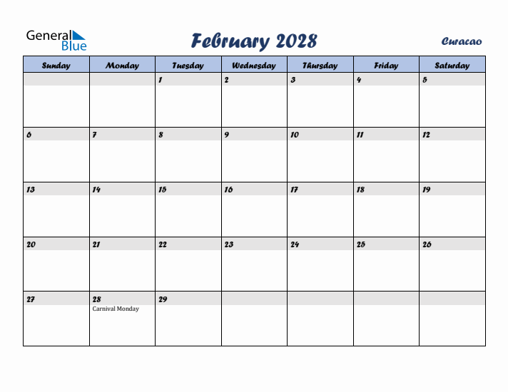 February 2028 Calendar with Holidays in Curacao