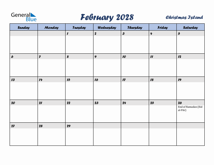 February 2028 Calendar with Holidays in Christmas Island