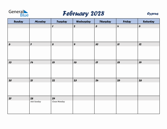 February 2028 Calendar with Holidays in Cyprus