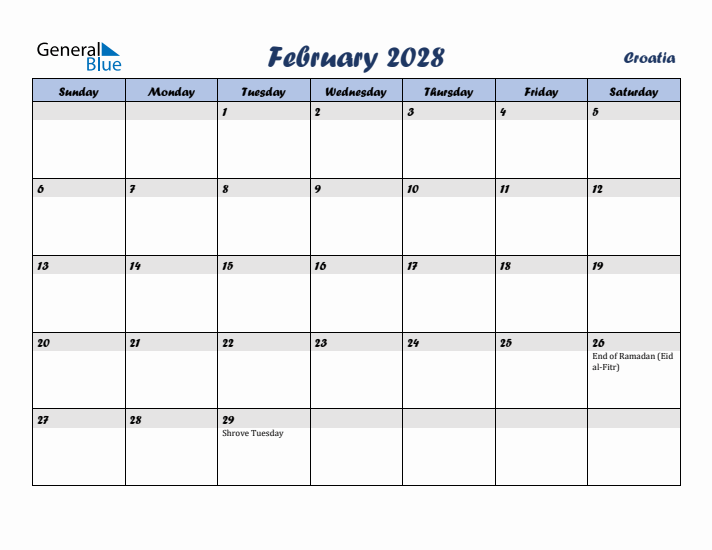 February 2028 Calendar with Holidays in Croatia