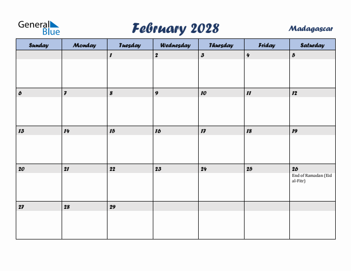 February 2028 Calendar with Holidays in Madagascar