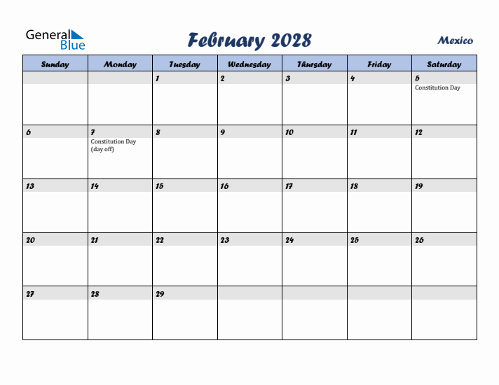 February 2028 Calendar with Holidays in Mexico