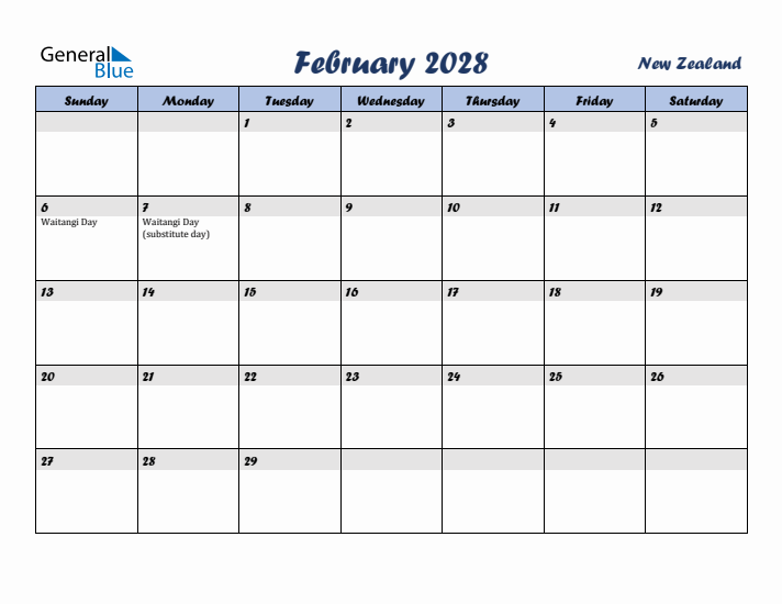 February 2028 Calendar with Holidays in New Zealand