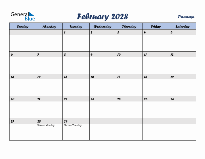 February 2028 Calendar with Holidays in Panama