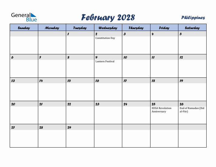 February 2028 Calendar with Holidays in Philippines