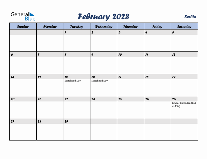 February 2028 Calendar with Holidays in Serbia