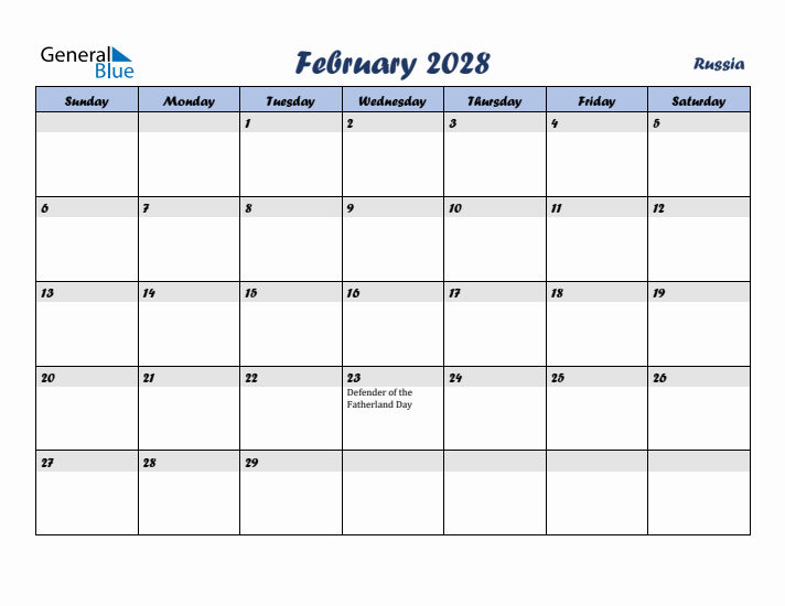 February 2028 Calendar with Holidays in Russia