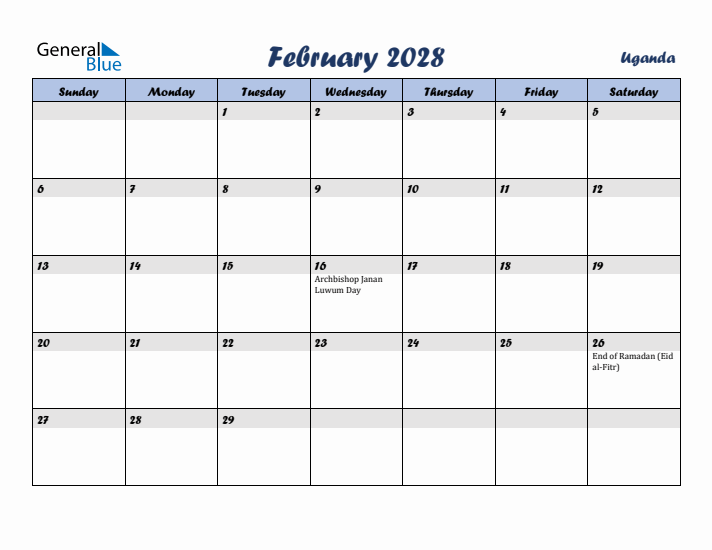 February 2028 Calendar with Holidays in Uganda