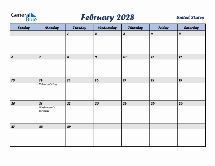 February 2028 Calendar with Holidays in United States