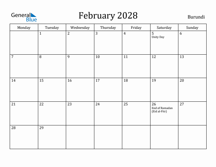 February 2028 Calendar Burundi