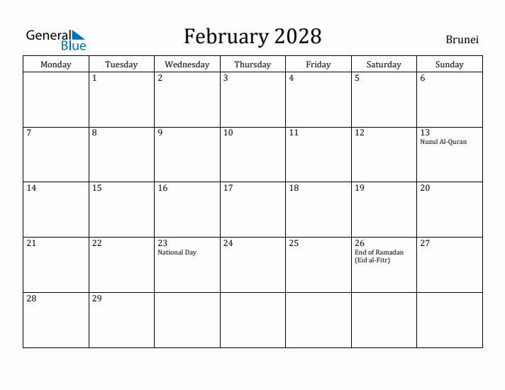 February 2028 Calendar Brunei