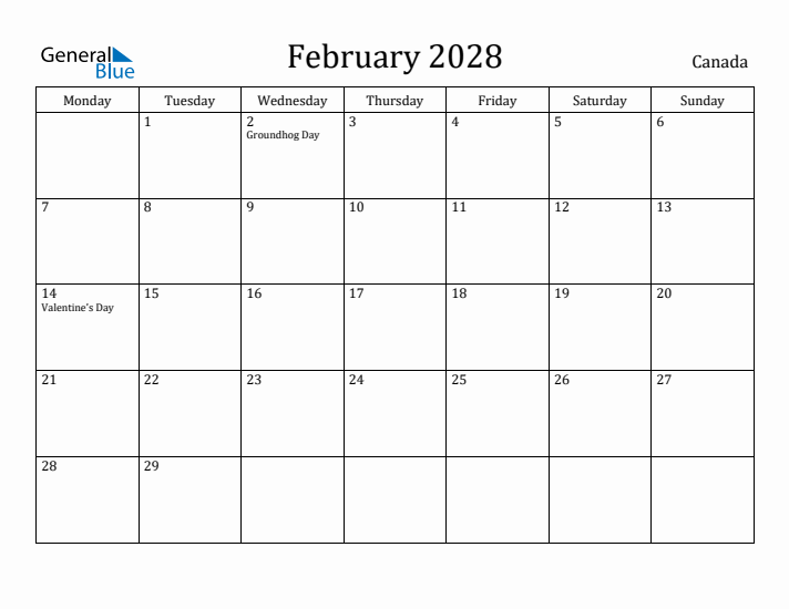 February 2028 Calendar Canada