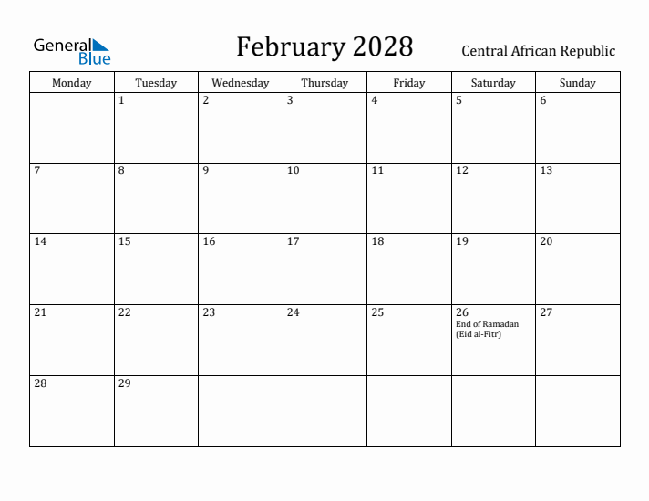 February 2028 Calendar Central African Republic