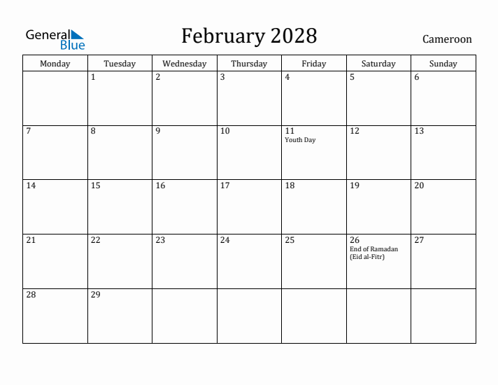 February 2028 Calendar Cameroon