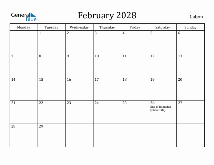 February 2028 Calendar Gabon