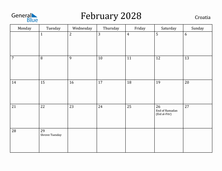 February 2028 Calendar Croatia