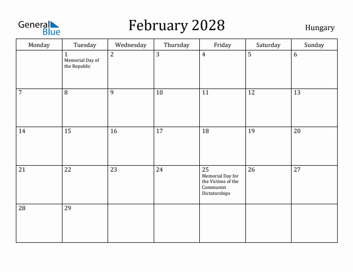 February 2028 Calendar Hungary