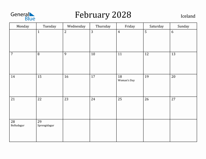 February 2028 Calendar Iceland