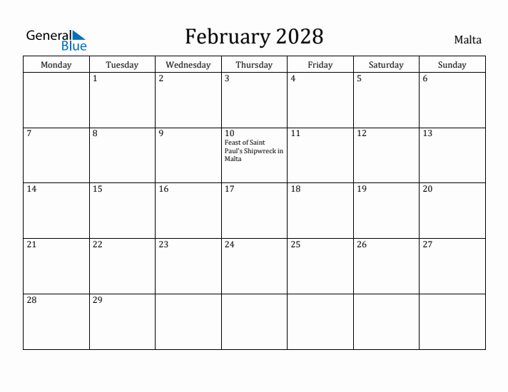 February 2028 Calendar Malta