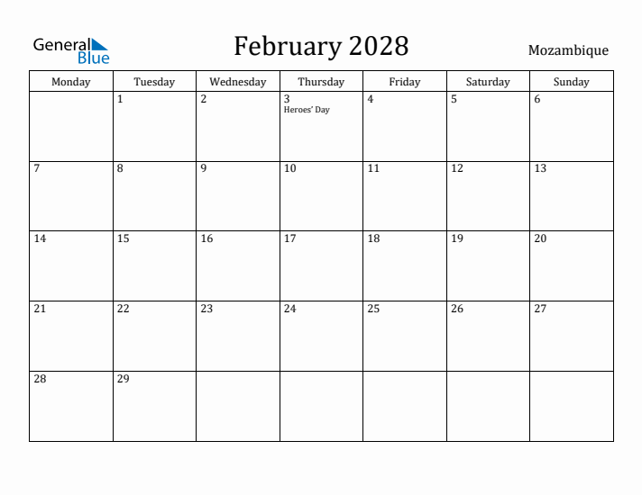 February 2028 Calendar Mozambique