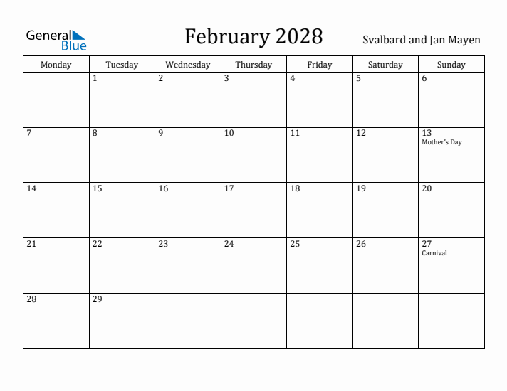 February 2028 Calendar Svalbard and Jan Mayen