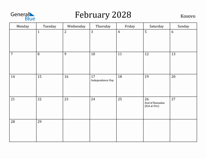 February 2028 Calendar Kosovo