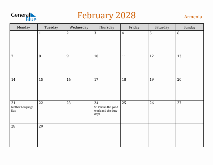 February 2028 Holiday Calendar with Monday Start