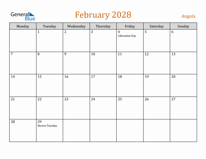 February 2028 Holiday Calendar with Monday Start