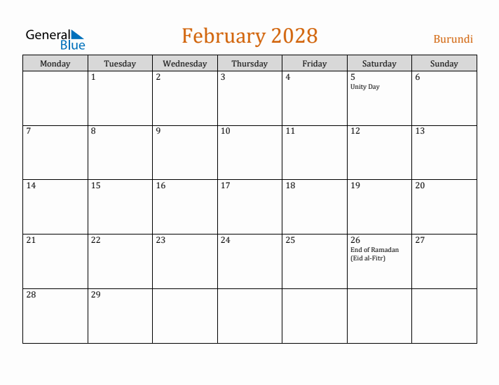 February 2028 Holiday Calendar with Monday Start