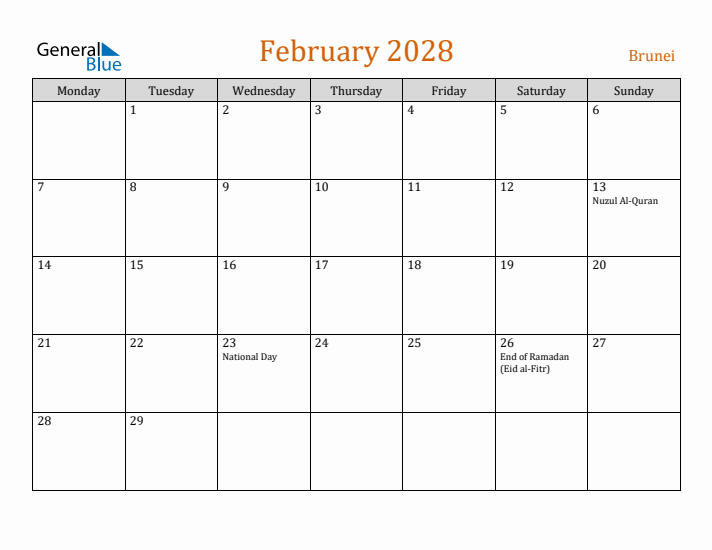 February 2028 Holiday Calendar with Monday Start