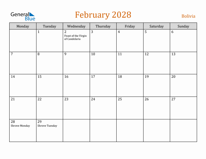 February 2028 Holiday Calendar with Monday Start