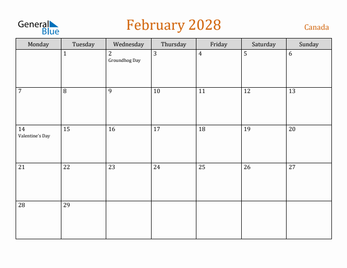 February 2028 Holiday Calendar with Monday Start