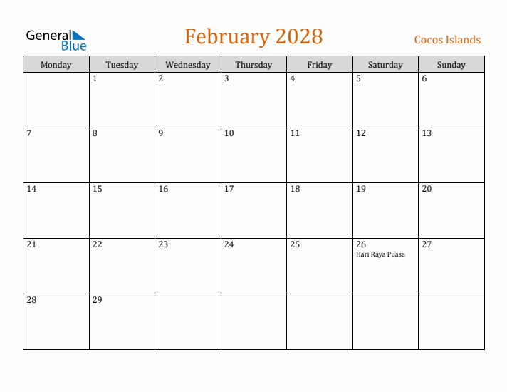 February 2028 Holiday Calendar with Monday Start