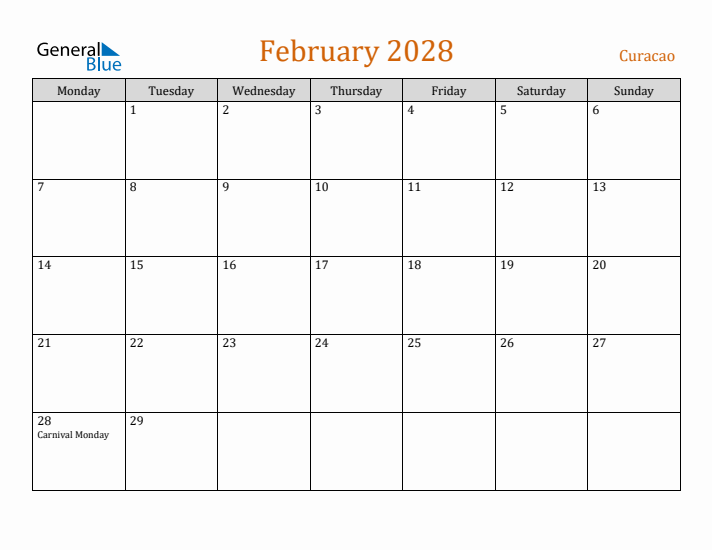 February 2028 Holiday Calendar with Monday Start