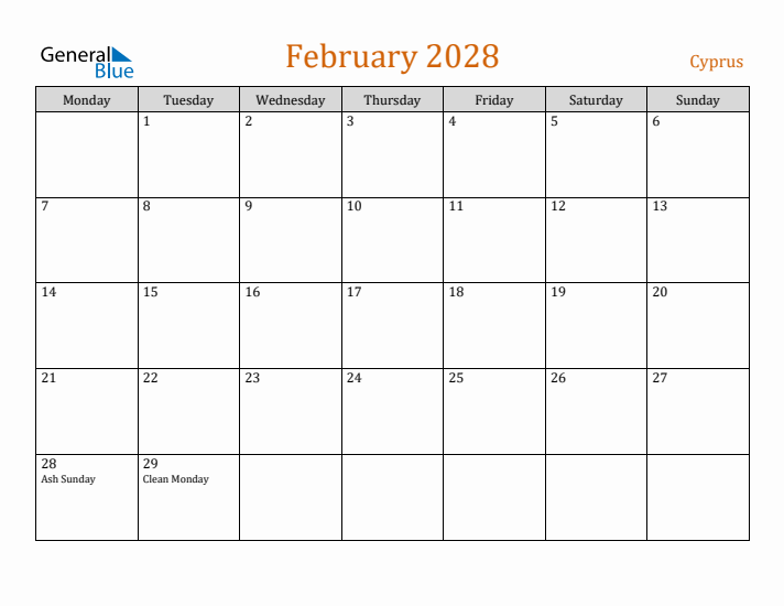 February 2028 Holiday Calendar with Monday Start