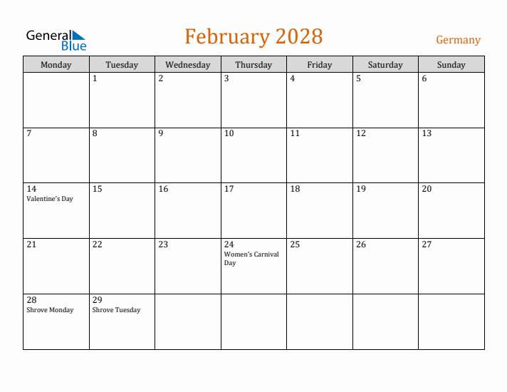 February 2028 Holiday Calendar with Monday Start