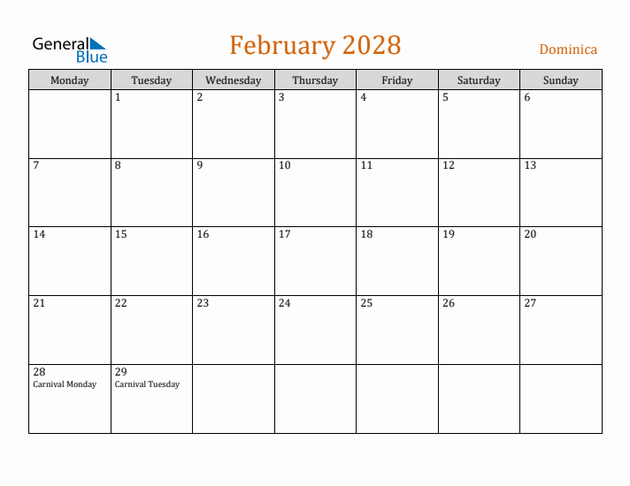 February 2028 Holiday Calendar with Monday Start