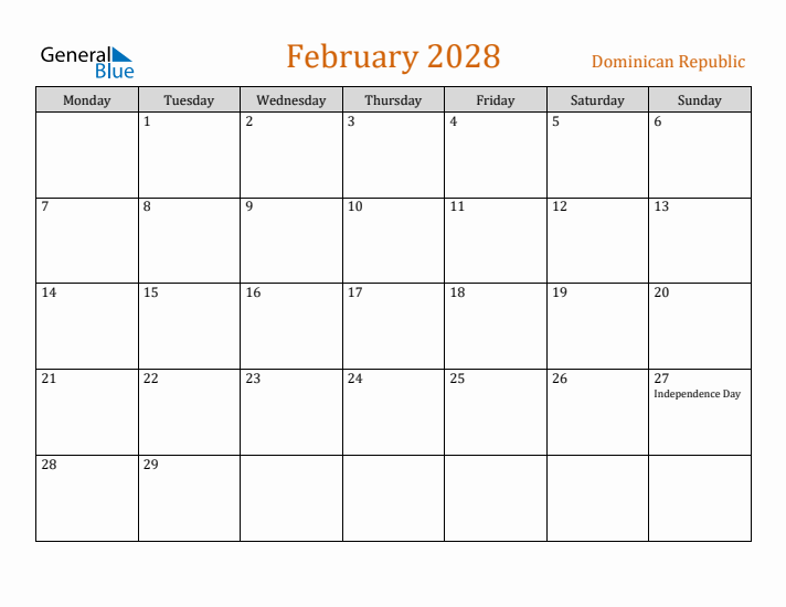 February 2028 Holiday Calendar with Monday Start