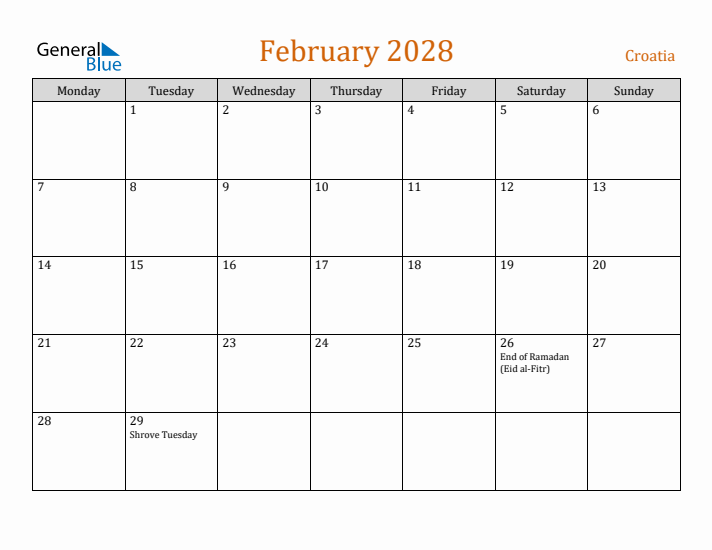 February 2028 Holiday Calendar with Monday Start